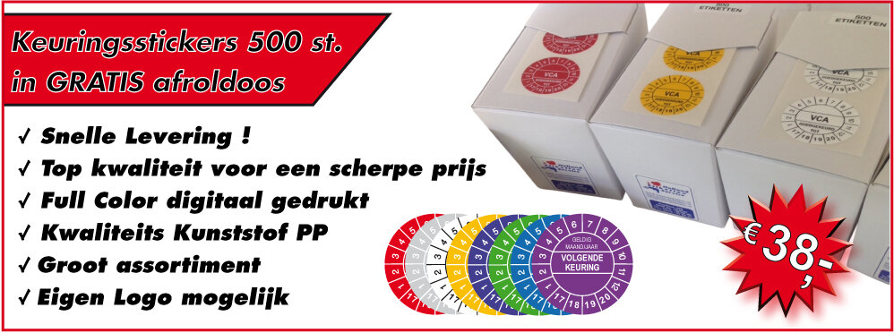 Keuringsstickers in GRATIS afroldoos, snel geleverd, en makkelijk te bestellen, 500 st. voor €38,-